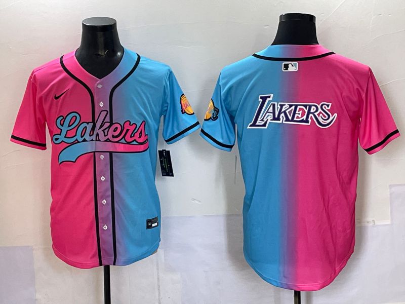 Men 2025 Los Angeles Lakers Blank Blue pink Nike Joint Name NBA Jersey style 7